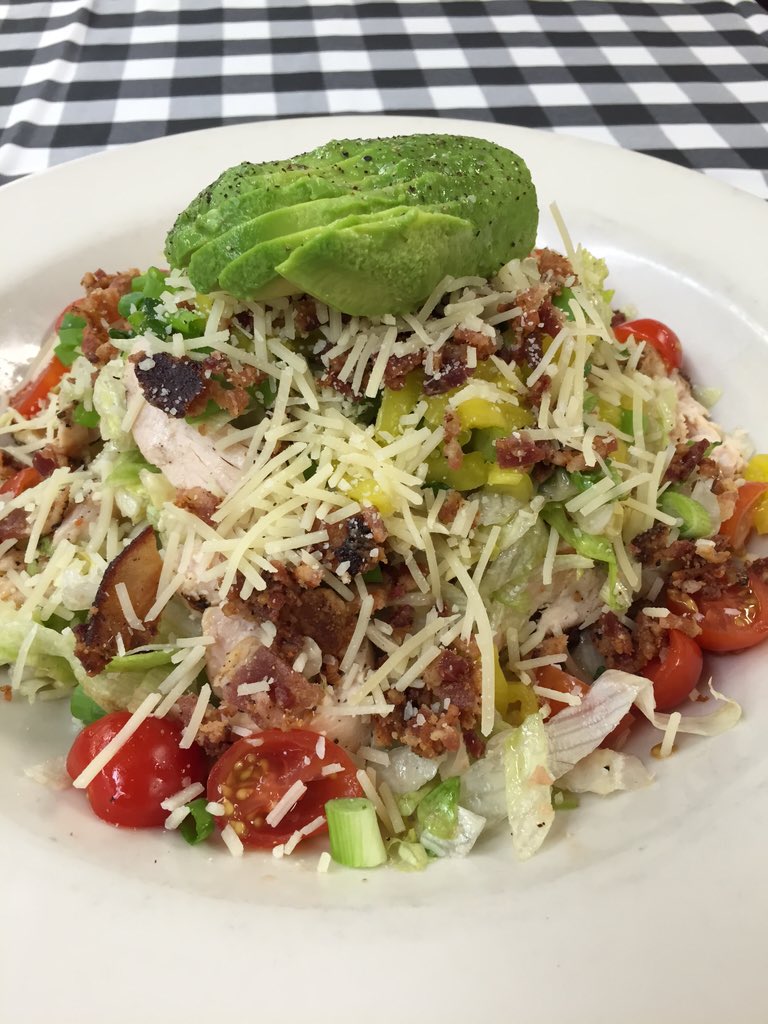 Stop in and try our infamous 42 chop salad, with fresh veggies, grilled chicken, avocado and house made Italian #yum