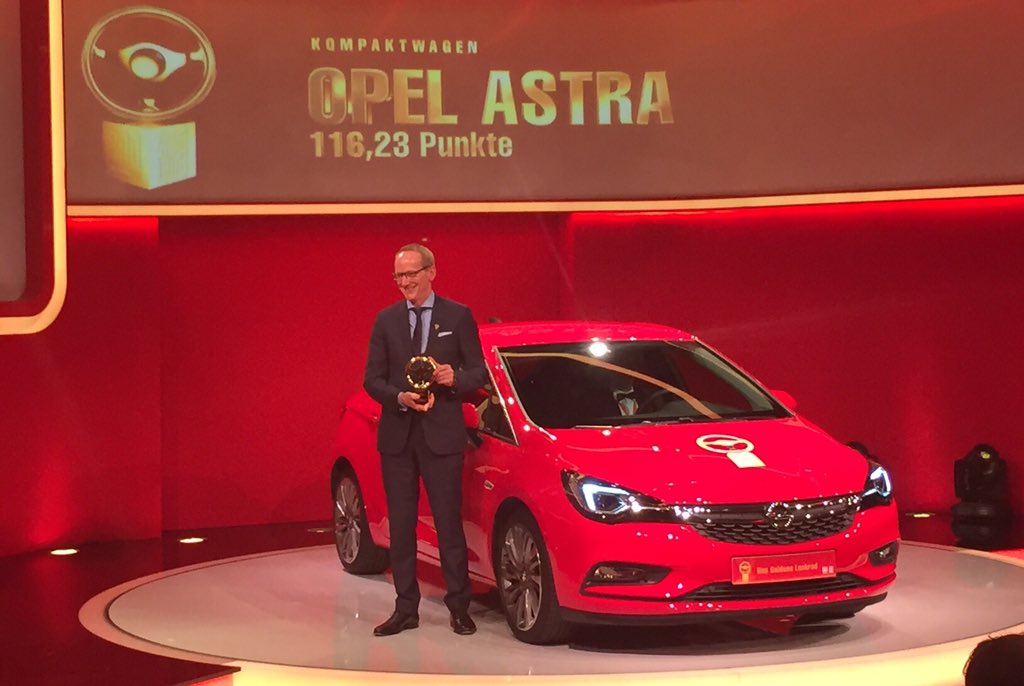 Opel's tweet photo. #NewAstra has won the #GoldenSteeringWheel. RT if your heart beats for @Opel. #GoldenesLenkrad #DGL2015 https://t.co/R7EdPoFoYk