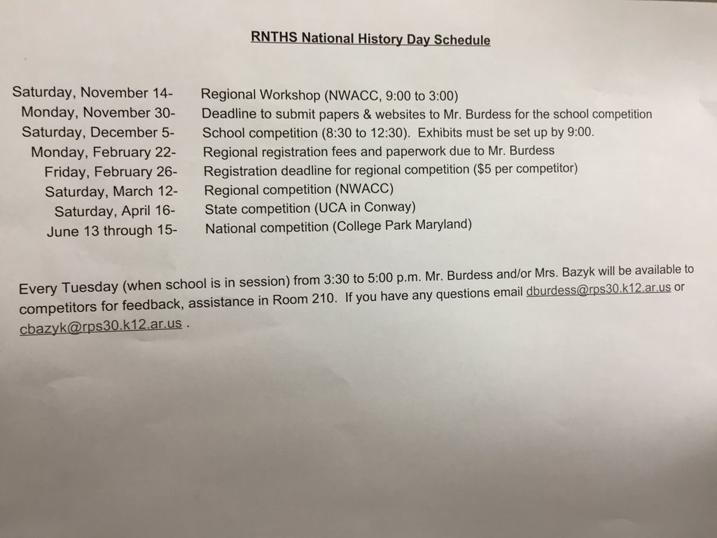 RNTHS_STUCO's tweet photo. ATTENTION EVERYONE PARTICIPATING IN NATIONAL HISTORY DAY! HERE IS SCHEDULE WITH ALL THE DEADLINES! https://t.co/JzzDWoTsI9
