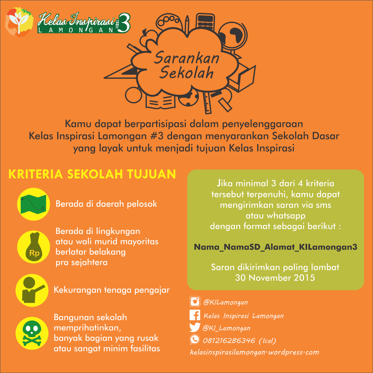 Kamu dapat berpartisipasi dengan menyarankan sekolah untuk dikunjungi Tim Kelas Inspirasi Lamongan