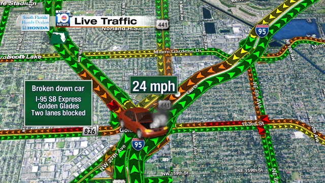 Broken down car on I-95 SB express at the GG. 2 lanes blocked. Speeds at 24mph #traffic #miami @JeniseFernandez https://t.co/1OuA5bnCoi