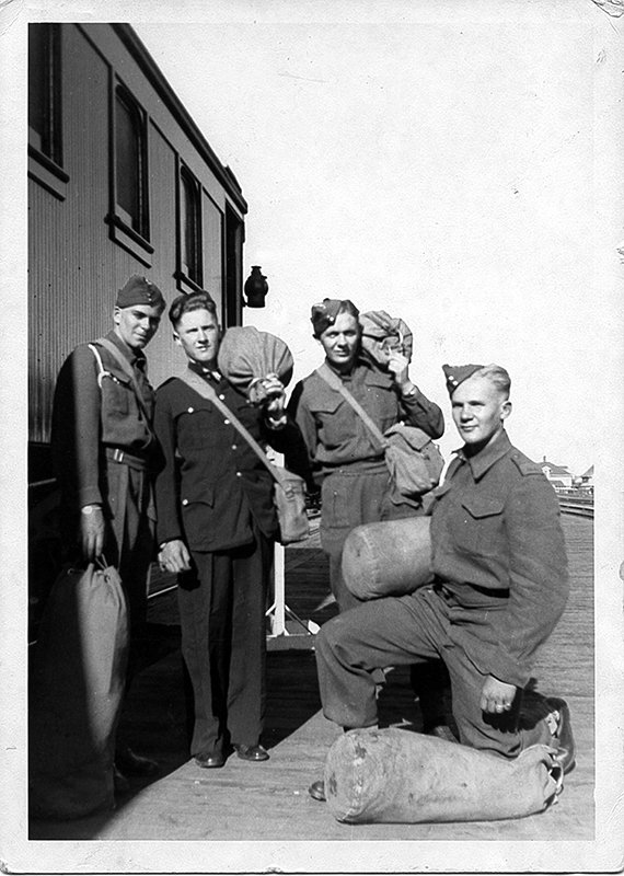1941 four Sexsmith AB boys off to Europe L-R: Charlie Foot, Ted Murray, Buster Brown, Jack Stalberg  #Nov11Globe