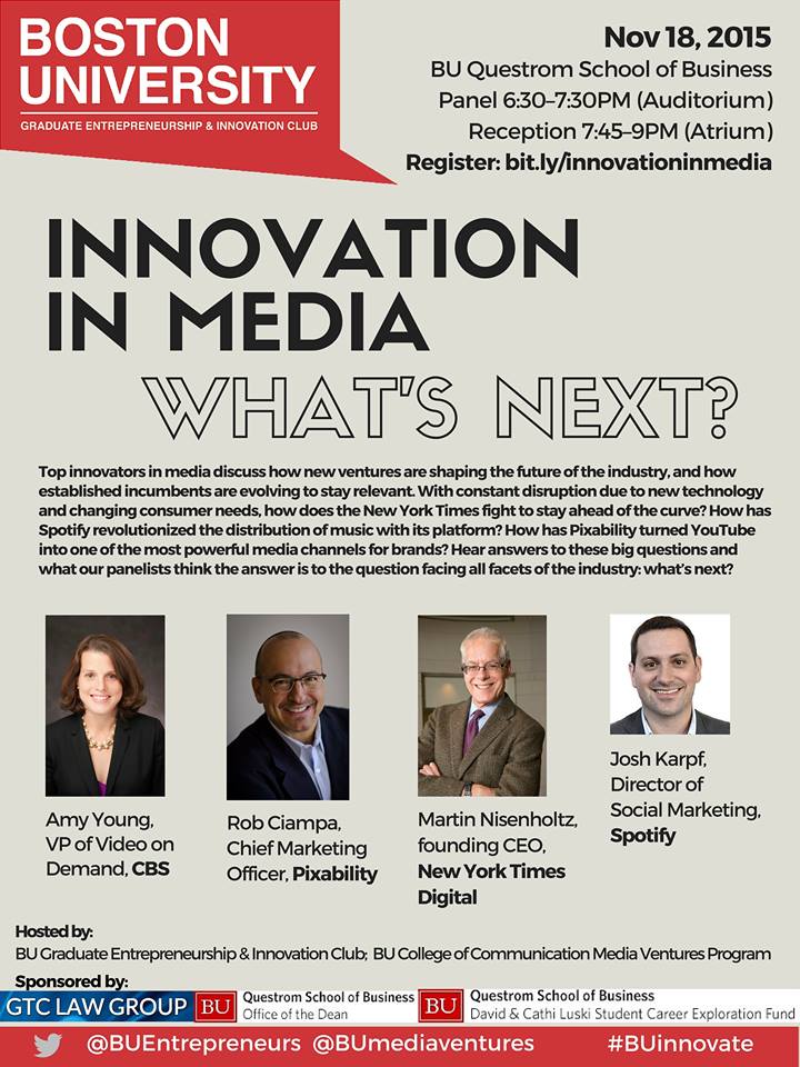 #event Industry leaders discuss the next big thing at #InnovationInMedia. bit.ly/innovationinme… @BUEntrepreneurs