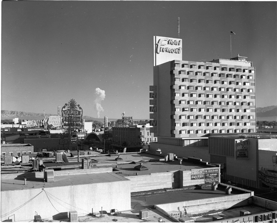Mushroom cloud as a result of nuclear testing as seen from downtown Las Vegas, 1957.