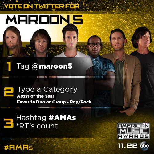 maroon5's tweet image. Hey guys! Wanna help us win an AMA? RT to vote @maroon5 for ARTIST
OF THE YEAR at @TheAMAs! #AMAs