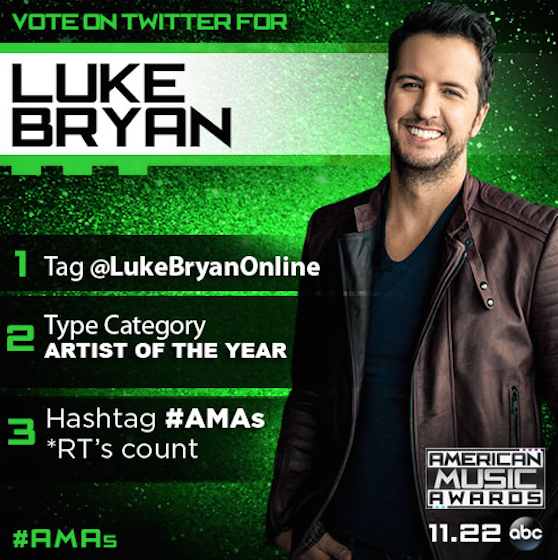 AMAs's tweet photo. ARTIST OF THE YEAR narrows down to the Top 5 TONIGHT! Last chance to RT to vote for @LukeBryanOnline! #AMAs https://t.co/opvpDSLZrv