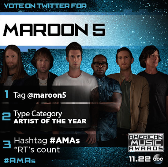 AMAs's tweet image. ARTIST OF THE YEAR narrows down to the Top 5 TONIGHT! Last chance to RT to vote for @Maroon5! #AMAs