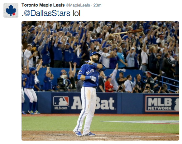 theScore's tweet photo. The @DallasStars &amp; @MapleLeafs are trading Twitter barbs. 

This round goes to Toronto! https://t.co/kpHKpMEuUk https://t.co/sa9wivW0yx