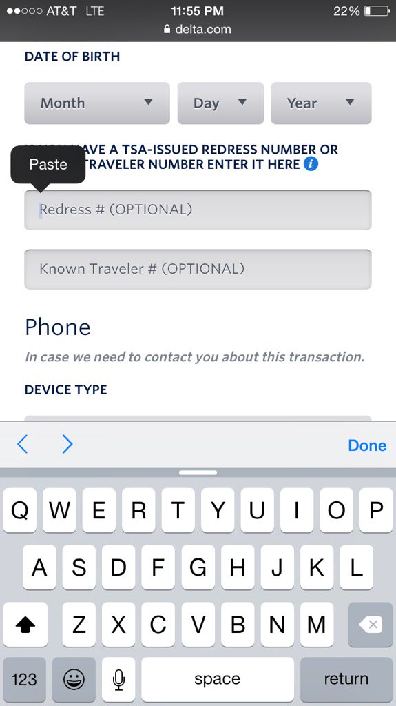 JohnDavidDial's tweet photo. @DeltaAssist why can't I input a known traveler number in while trying to buy a ticket? I've tried on iPad &amp; iPhone https://t.co/frcxRCnghV