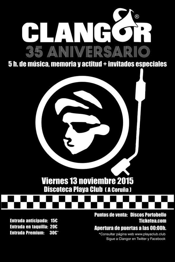 Este viernes 🎉🎈🎊 <a href="/playaclubcoruna/">Playa Club Coruña</a> celebra 35 años nacimiento <a href="/ClangorRock/">Clangor</a> con ¡5 horas de música! 🕙🕙🕙🕙🕙 desde 00.00h