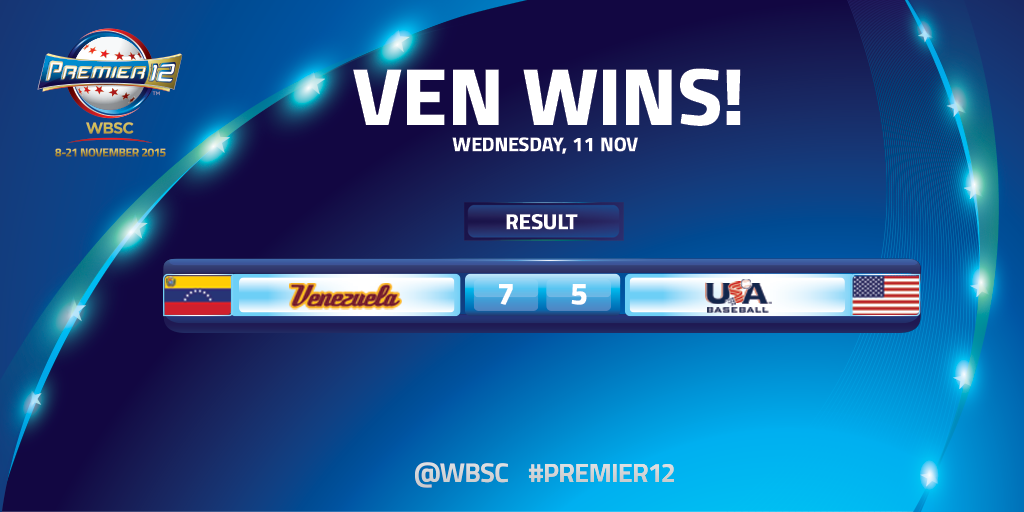 WBSC's tweet photo. BREAKING: Venezuela WINS!!! 7-5 vs USA #Premier12 https://t.co/Vxc6Bj6Z6u