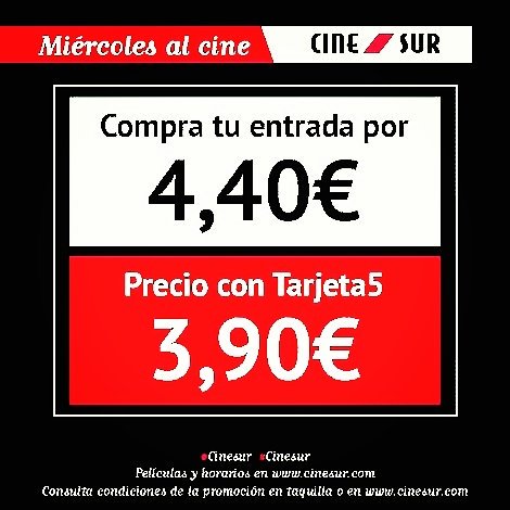 CinesurMiramar's tweet photo. Hoy es miércoles.Todas las películas a 4'40€, (3'90€ si tienes la #Tarjeta5 )
#MiercolesDeCine #Miramar #Fuengirola https://t.co/o8pFCp6FDo