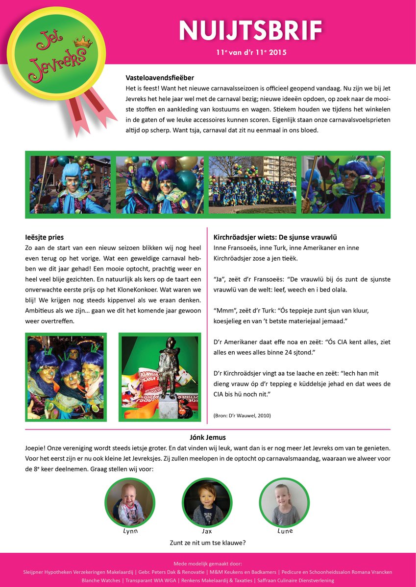 MartheHamers's tweet photo. Alaaf! Het nieuwe carnavalsseizoen is geopend. Hierbij mijn nieuwsbrief voor Jet Jevreks. #11evande11e #JetJevreks https://t.co/hHosz1Y6Zn