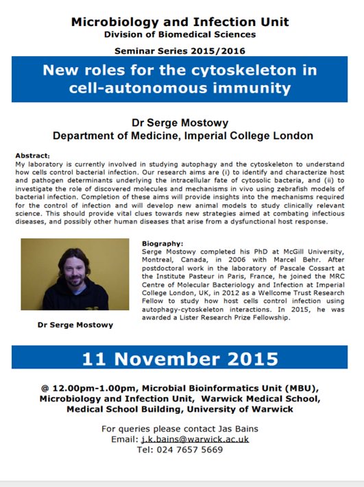 WarwickMicrobio's tweet photo. Warm welcome to Serge Mostowy our seminar speaker today! https://t.co/EcfYw6Hp3e