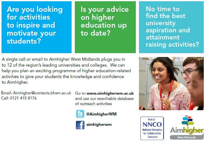 AimhigherWM's tweet photo. Are you searching for activities that will raise student aspiration and attainment? Get in touch! #AimhigherWM https://t.co/QDU3jBG58N