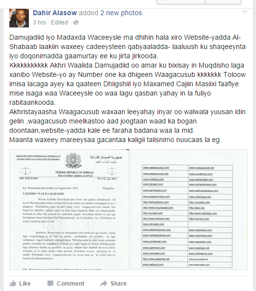 warganenews's tweet photo. #Somalia: Dawladda #Somalia oo Amar ku Bixisay in la Xidho #Websaytyada #Alasow u Faruur… https://t.co/QNNPPqWW6r https://t.co/Z6HGOmAnCI