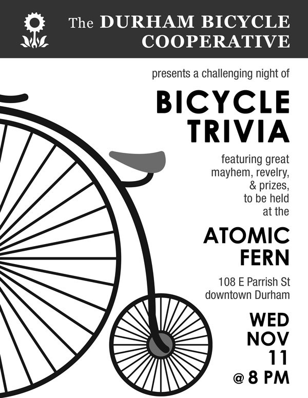 DurhamBikeCoOp's tweet image. Bike Trivia 2nite @ 8pm Bring ur bike smarts &amp;amp; ur friends
Atomic Fern-108 E Parrish Street $5 suggested donation