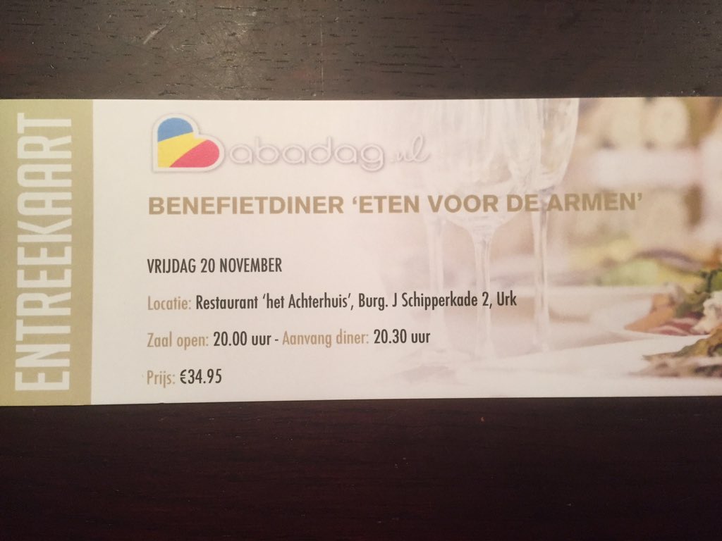 Er zijn nog plaatsen vrij voor het Benefietdiner op vrijdag 20 november in het Achterhuis. €34,95 p/p PLS RT