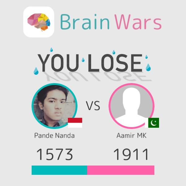 I challenged Aamir MK and lost;( Challenge players from around the world! #BrainWars
brainwarsapp.com