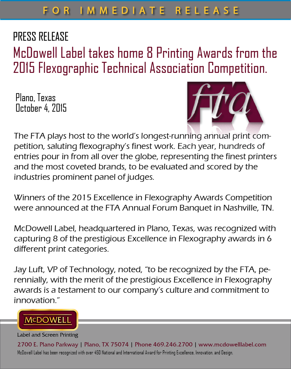 McDowellLabel's tweet photo. #McDowell Label takes home 8 Printing Awards from the 2015 #Flexographic Technical Association Competition. https://t.co/u2APKhyCpq