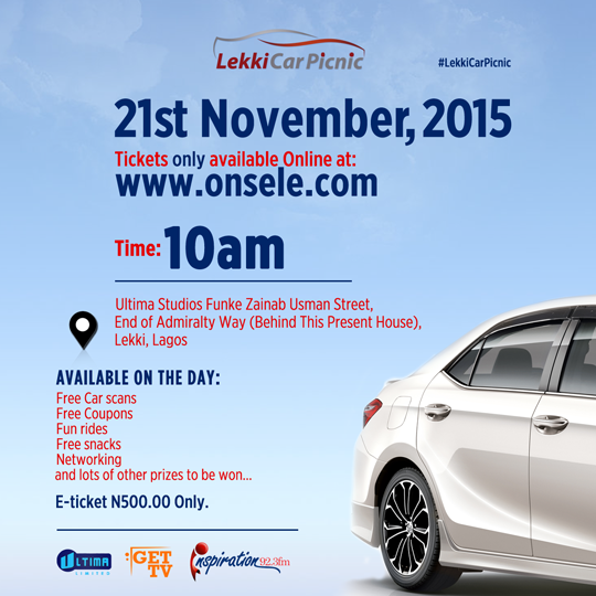 Have you gotten your #LekkiCarPicnic ticket yet?
Waste no time! Get it on <a href="/Onseledotcom/">Onsele</a> via bit.ly/1MTPoOz
