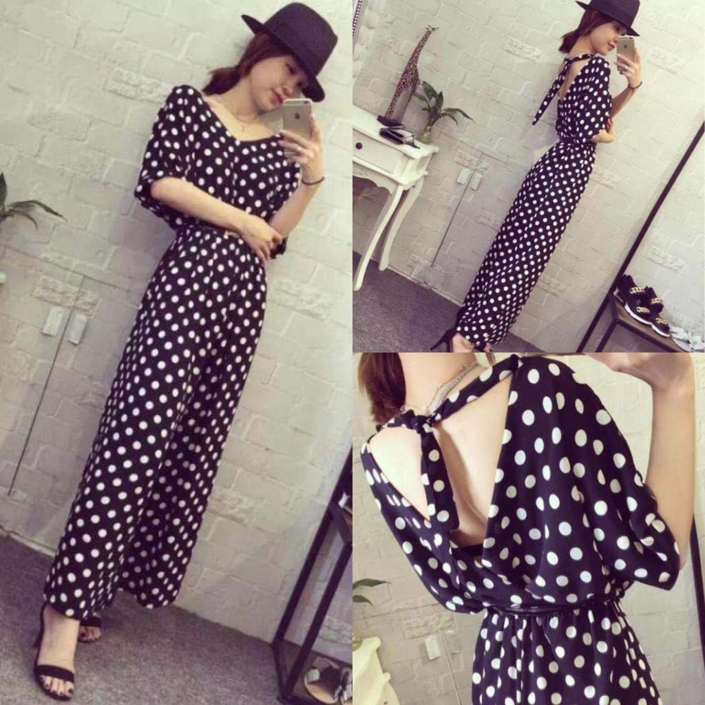 minimallis's tweet photo. Dotty V-back Jumpsuit (Bust 88cm, Waist 70cm, Length 130cm, Polyester). Idr 160K https://t.co/UElLqnTy4Z