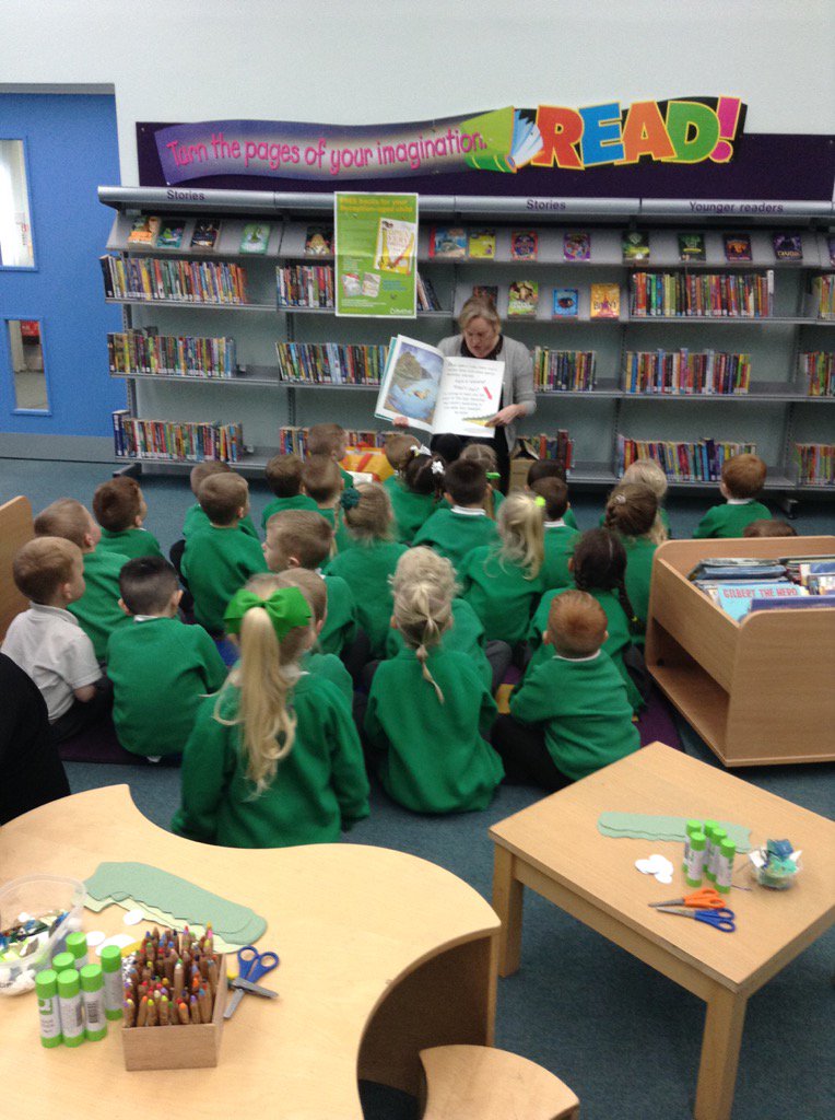 CaldiPrimary's tweet photo. Listening to a story in the library. #openverycarefully #reception https://t.co/OxaSYjuSJz