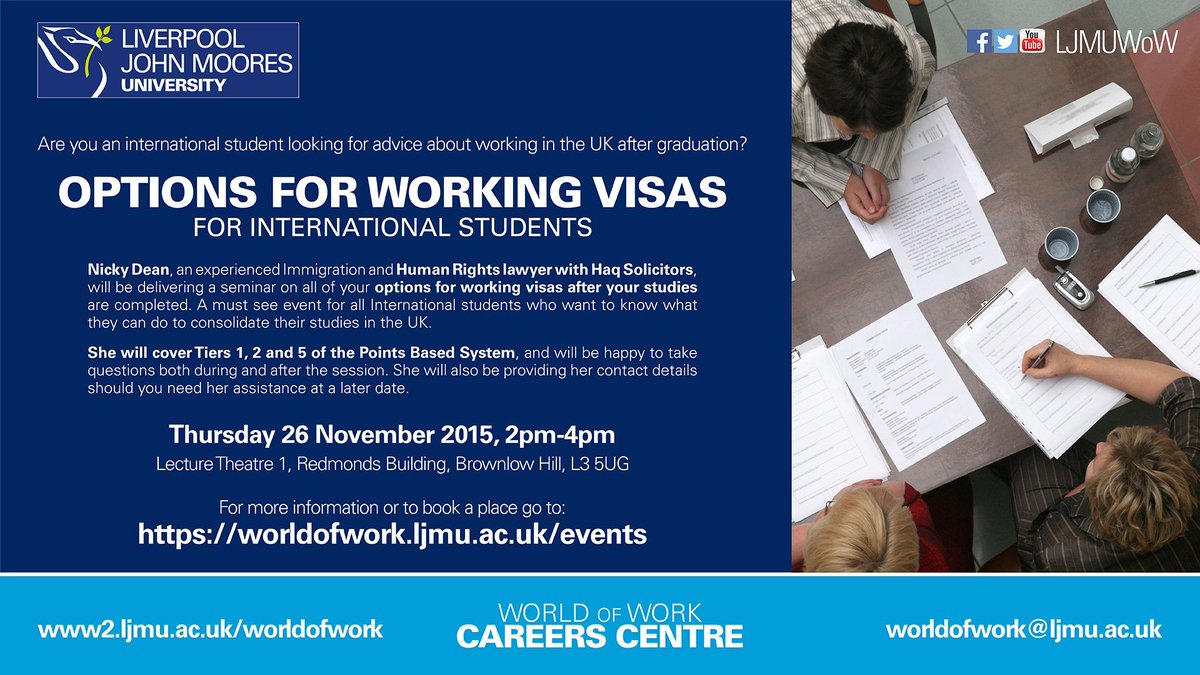 LJMU_Int's tweet photo. Book online for @LJMUWoW working visas workshop tomorrow with Nicky Dean from @HaqSolicitors https://t.co/BnriYrpk6H https://t.co/fTJZZdnB3t