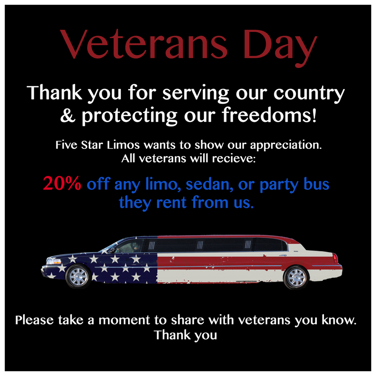 FiveStarLimos's tweet photo. “How important it is for us to recognize and celebrate our heroes and she-roes!” – Maya Angelou
Thank you #veterans! https://t.co/gEktbSqI2x