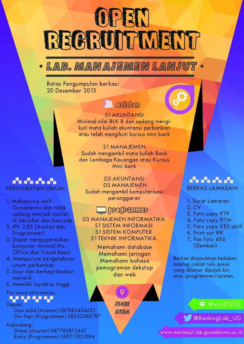 Fyi lagi ada oprec buat asisten &amp; programmer Lab. Manajemen Lanjut <a href="/UG_Karawaci/">UG_Karawaci</a> <a href="/UG_BEMFIKTI/">BEM FIKTI UG</a> <a href="/UG_BEMFTI/">BEM FTI Gunadarma</a>