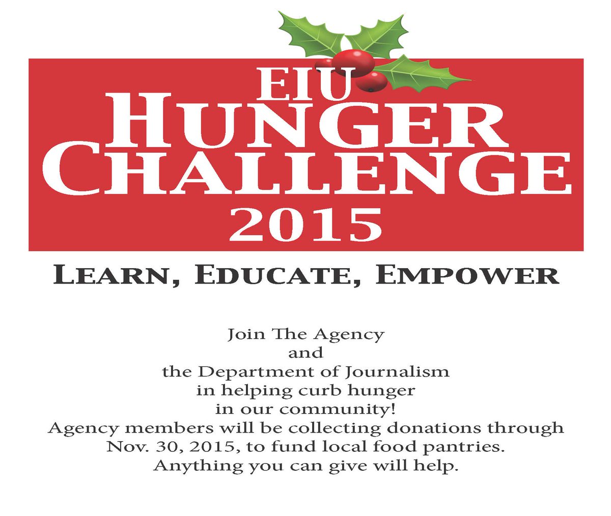 The Agency and department are collecting donations for local food pantries. You can donate in the J-office!