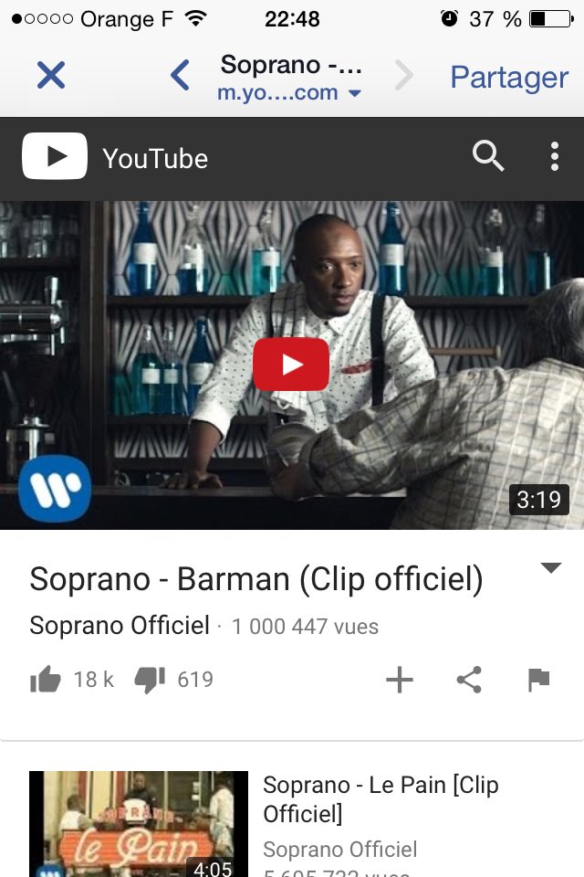 Meloumnz's tweet photo. Sayez le clip Barman a dépassé les 1 million de vus #sanefaisquecommencer #barman #lateamsopraestla @Sopranopsy4 https://t.co/2QeItnsnOF