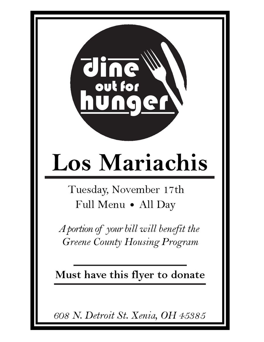 DineOut4Hunger's tweet photo. Tuesday: Los Mariachis and Thursday: Applebee's! Take a flyer with you to donate to #dineoutforhunger https://t.co/Xc9kAR73Uk