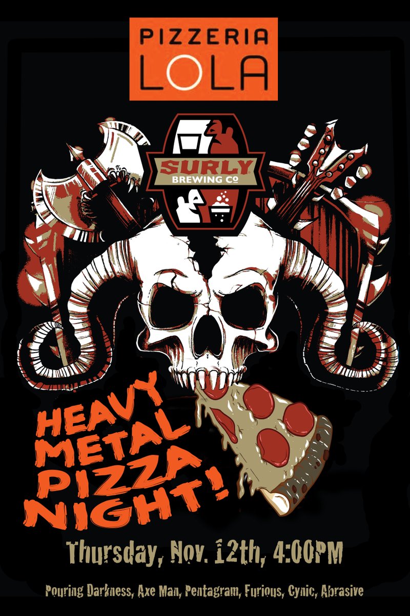 surlybrewing's tweet photo. All our favorite things TOMORROW @pizzerialola: beer, pizza, METAL and @surlybrewer https://t.co/P4EXmqCJTv https://t.co/VvCseqhd7c