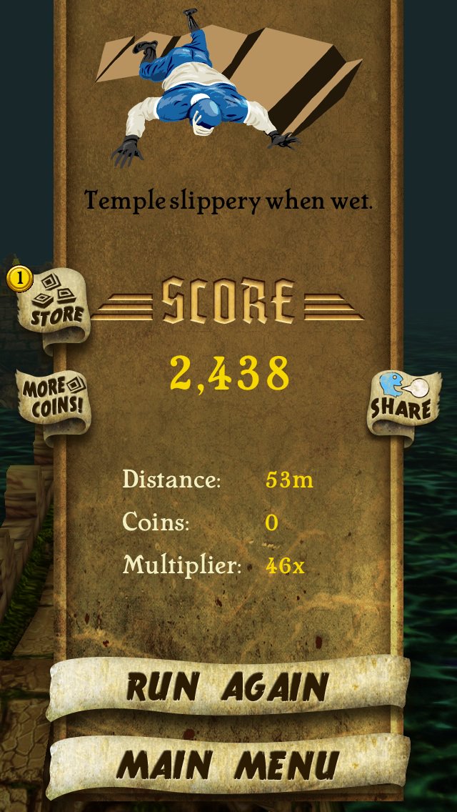 SchwarzLab's tweet photo. I got 2,438 points while escaping from demon monkeys. Beat that! https://t.co/u93sYZwqDb #TempleRun https://t.co/sTvXZe3Yob