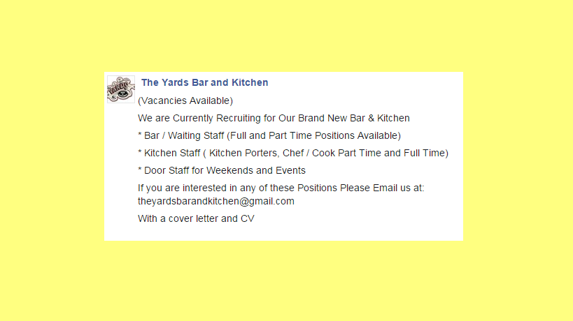 yardsbarkitchen's tweet photo. Job Vacancies Available

#TheYards #BarandKitchen #Cocktails #Food #Kettering https://t.co/Y9OkEQJmEk
