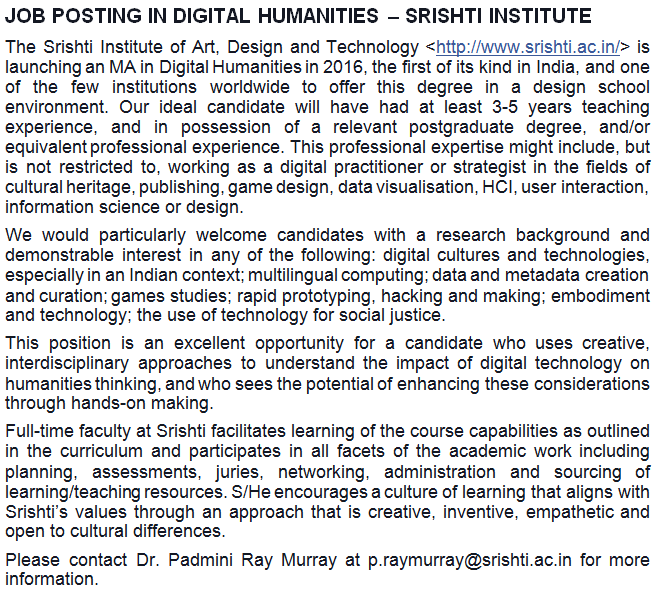 CDH_Pune's tweet photo. Srishti Institute of Art, Design, and Technology (in India) is hiring in Digital Humanities. https://t.co/AdGrAKV5Ra