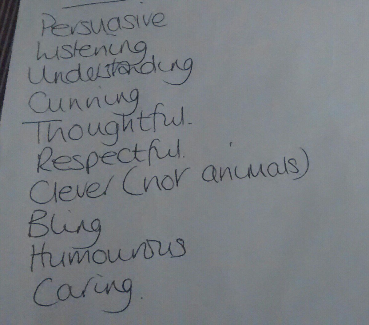 Litl_lady_t's tweet photo. A list of MY characteristics as noted by my student .We have a turbulent time but THIS warmed my heart. #WhatHeSees https://t.co/zwox9e2KRY