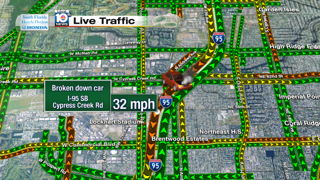 Broken down car on I-95 SB at Cypress Creek Rd. Speeds at 32mph #traffic #broward @JeniseFernandez https://t.co/cXEUU6Yra3