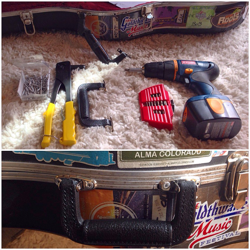 hawkesmusic's tweet photo. Buy a new guitar case? Never! #cantletyougo #poprivets & #powerdrill https://t.co/Cah37lN7qU