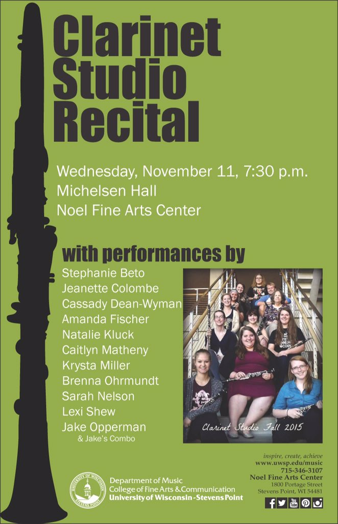 Don't miss the Clarinet Studio Recital tonight in Michelsen Hall!
