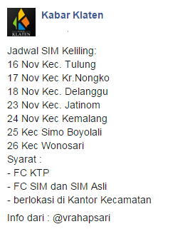 Jadwal SIM Keliling 16-18/11/15 dan 23-26/11/15 <a href="/vrahapsari/">Ferani</a> #Klaten