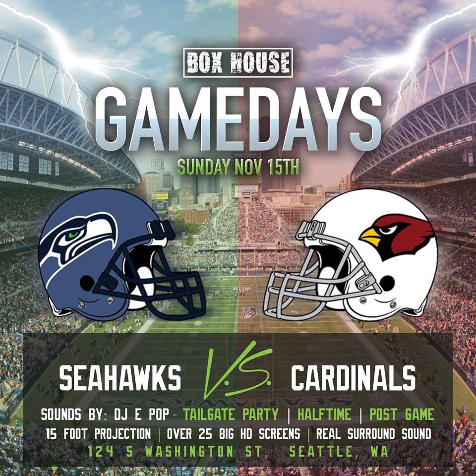 BoxHouseSeattle's tweet photo. This #Sunday #SEAvsARI at #BoxHouseSeattle! #JelloShots, #Heineken buckets and #GameDay food specials! #GoHawks #12s https://t.co/pO5DjBNt1W