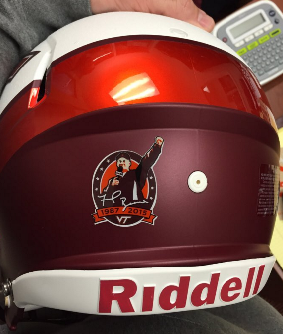 ESPNCFB's tweet photo. Virginia Tech is adding a helmet decal for Frank Beamer that will be worn the rest of the season. (via @VTEquipment) https://t.co/Iu1SUyGIpk