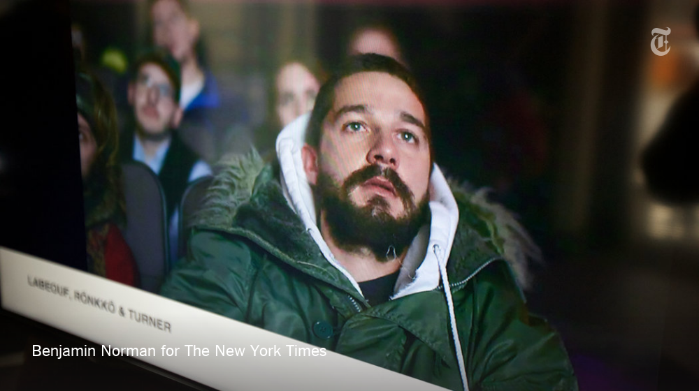 nytimes's tweet photo. Shia LaBeouf offers view of himself viewing his movies https://t.co/Q6eWBXCnEg https://t.co/eMO6nBWw4G