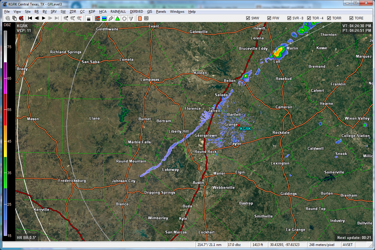 TravisCOSW's tweet photo. Front is now making its way thru Williamson Co, about to enter Travis (purple line). #atxwx https://t.co/HoILWviXTu