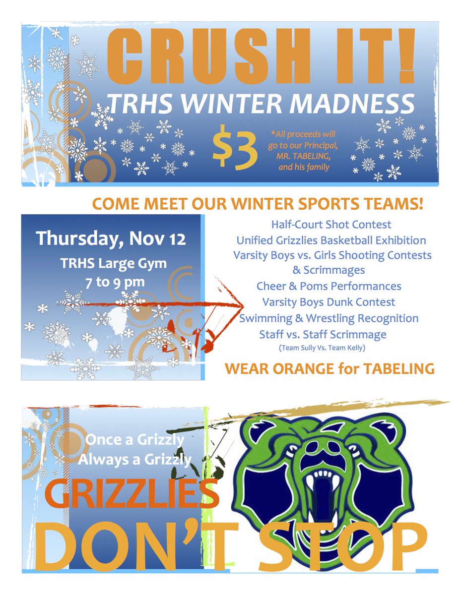 TRidgeGrizzlies's tweet photo. Come support winter sports and Principal Tabeling @ his family! Thur. 11/12 7:00 pm in the gym. #crushit #Live4Griz https://t.co/ROjT2Bg42u