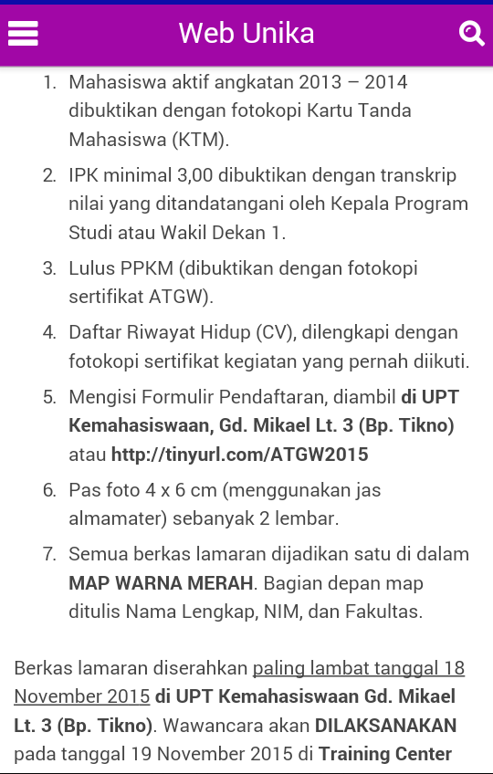 REKRUTMEN CO-TRAINER ATGW 2015 GELOMBANG II <a href="/smu_unika/">SMU UNIKA</a> <a href="/SMF_PsiUnika/">SMF Psikologi UNIKA</a> <a href="/Senatmfeb_unika/">SENATMFEB_UNIKA</a> <a href="/unikasoegija/">Soegijapranata Catholic University</a> <a href="/hmpsmscu/">HMPSM Unika Soepra</a>