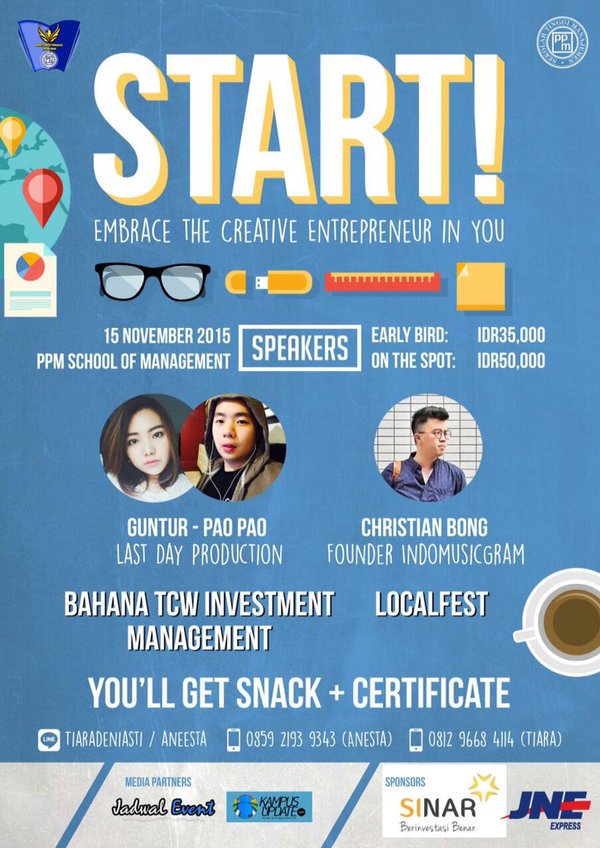 InfoPPM's tweet photo. Buat Anda yg ingin jadi Creative Entrepreneur. Hadiri TalkShow "START" @BEM_ppm @ppmschool > 15 Nov. Don't miss it! https://t.co/wyOUAvr9tE