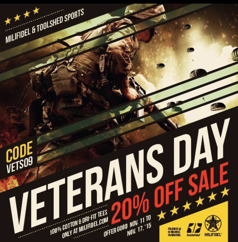 Milifidel's tweet photo. @Milifidel Veterans appreciation sale, use promo code #Vets09 #SOT #VeteransDay https://t.co/ru4yFcT9dl